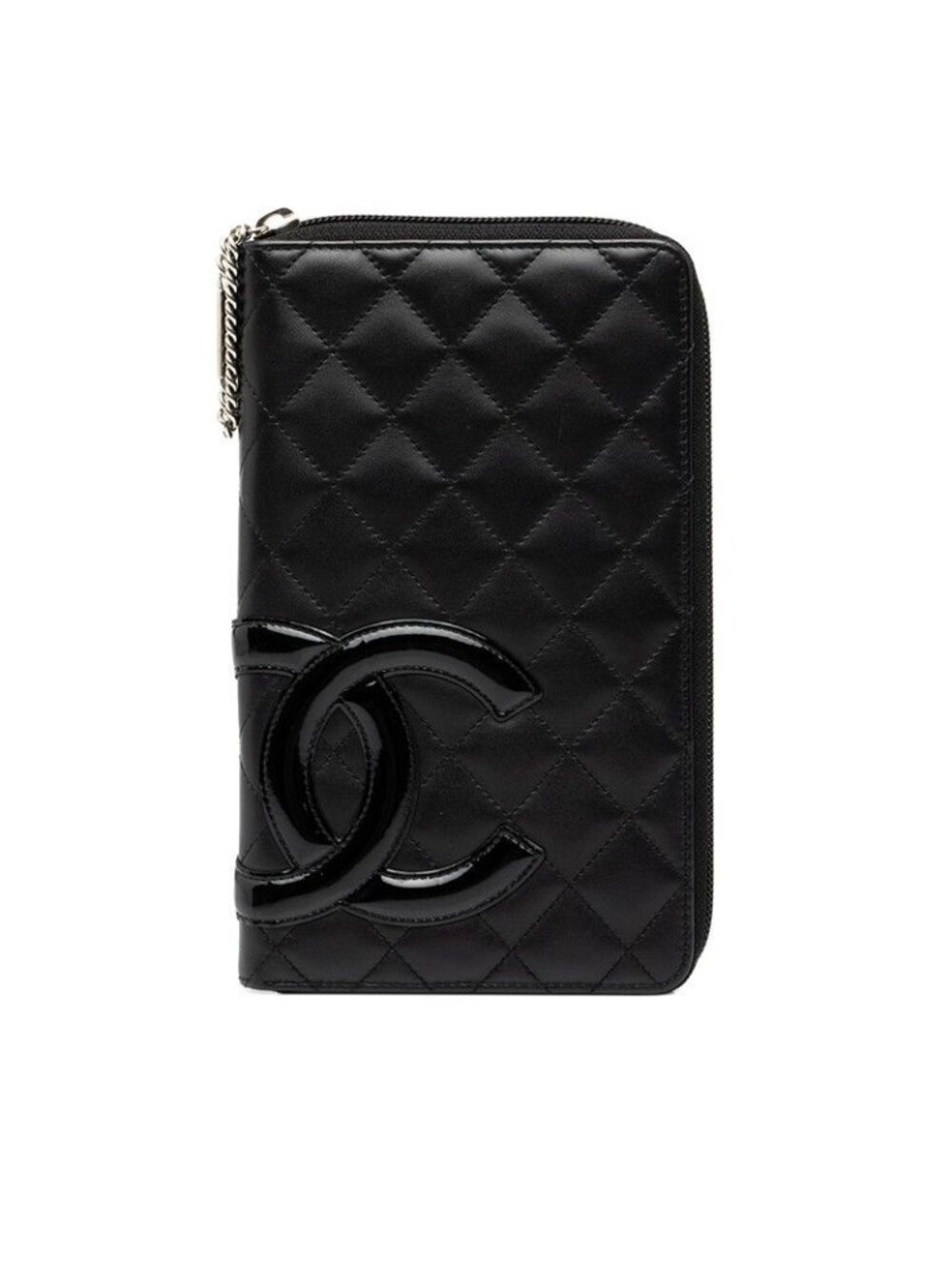 Chanel Cambon Line CC Logo Zip Around Wallet Black Silver Calfskin Patent
